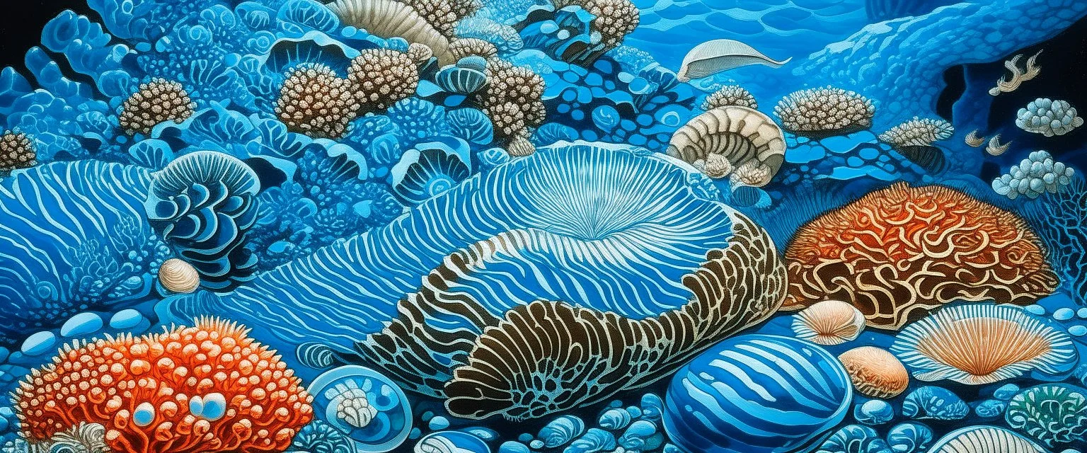 A cerulean underwater coral reef with clams designed in German folk art painted by Katsushika Hokusai