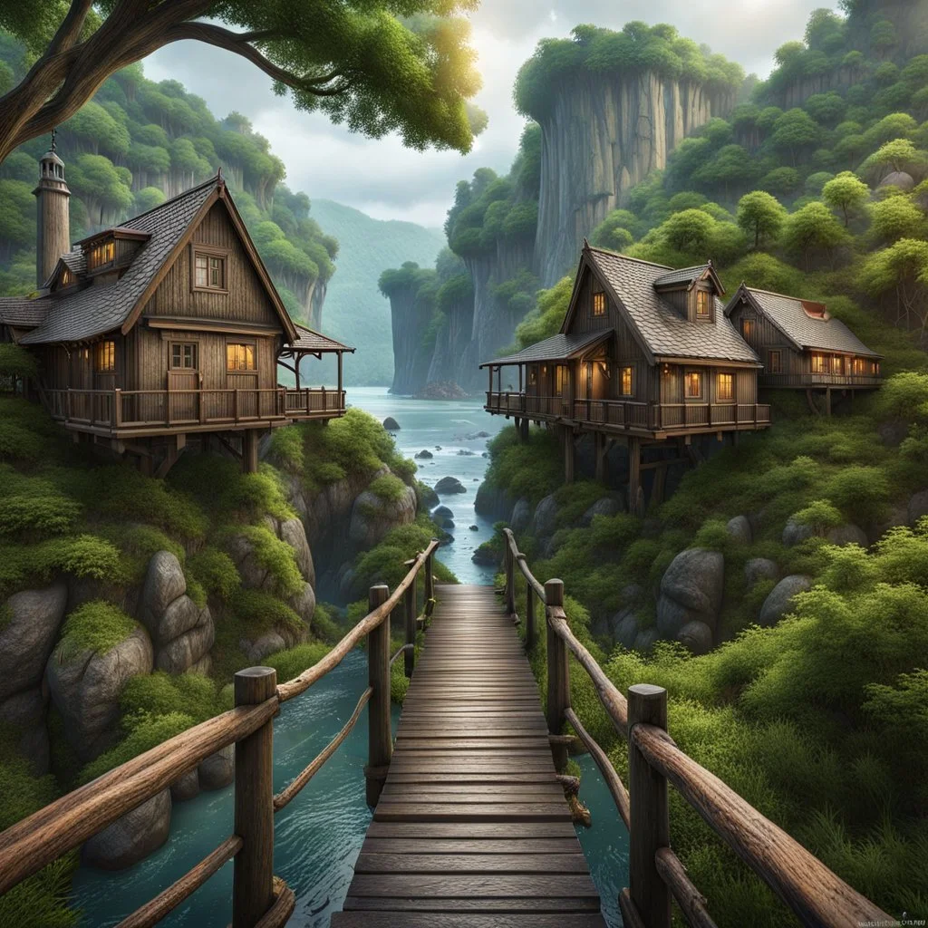 visible view from the side one old stunning wooden bridge connects the two gorge between two tall rocky shores, sprawling, tall dark trees on both shores, in the distance in the background little village made wooden houses on the rock,, rainy landscape, lush vegetation , tall thick alien trees, massive trees in landscape, high detailed, rainy day, high photorealistic, fantasy cinematic