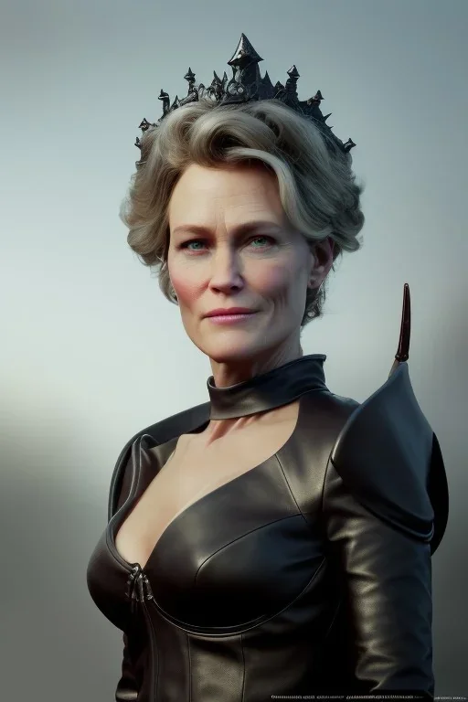 Robin Wright as evil queen in black leather, busty, cleavage, voluptuous, Claire Underwood, angry, stern look. character design by cory loftis, fenghua zhong, ryohei hase, ismail inceoglu and ruan jia. unreal engine 5, artistic lighting, highly detailed, photorealistic, fantasy