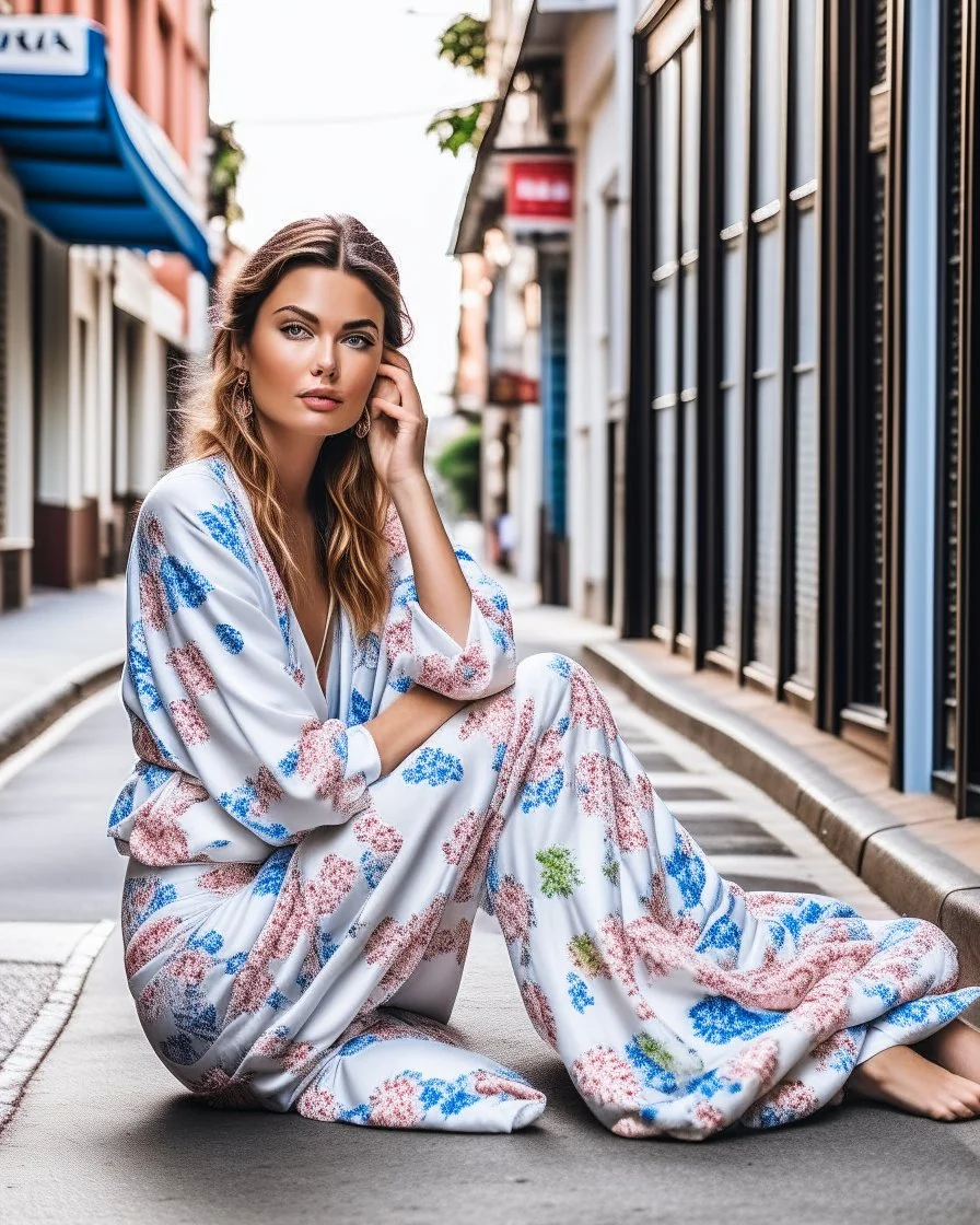 a supermodel in designer sleepwear sitting on street for magazine cover photoshoot