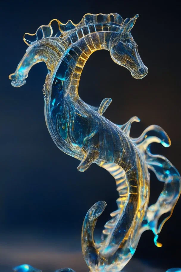 glass sea horse sculpture with indentations, art, 4k, hi detail, trending art, depth of field, volumetric light, dramatic lights