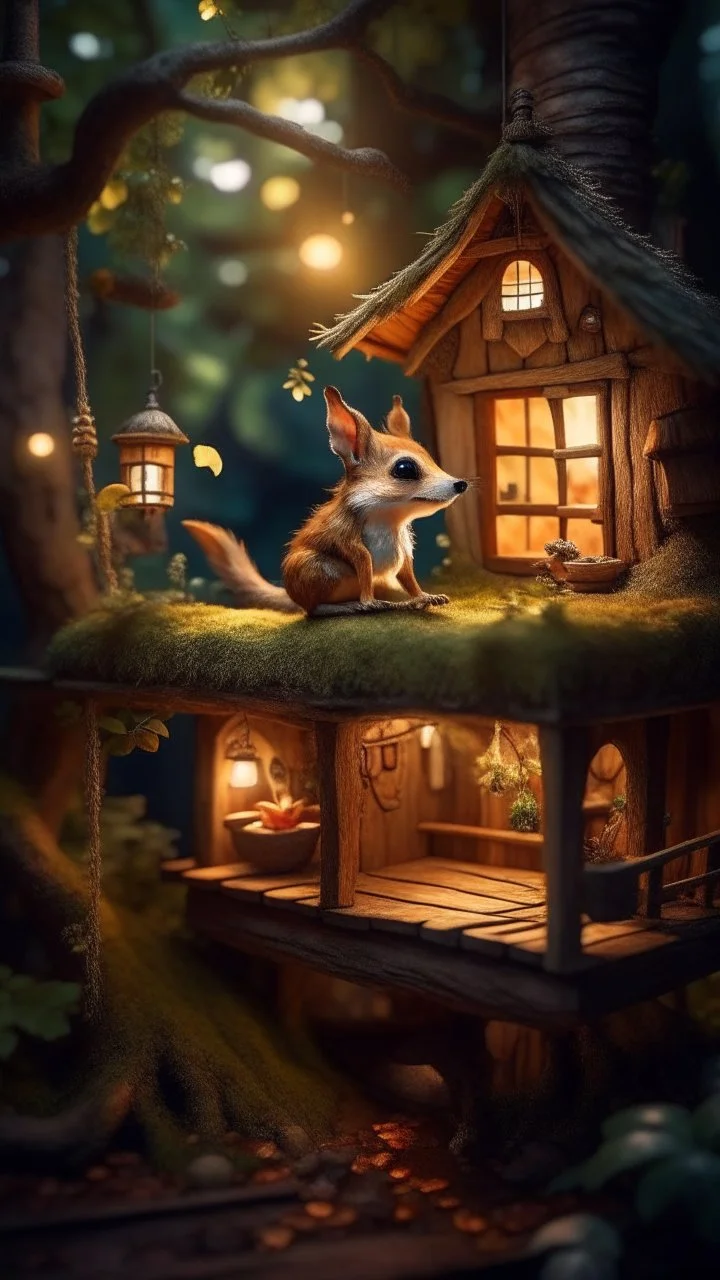 magazine cover, portrait of sleepy dog bug squirrel in a tree house in wonderful enchanted magical forest by river,bokeh like f/0.8, tilt-shift lens 8k, high detail, smooth render, down-light, unreal engine, prize winning