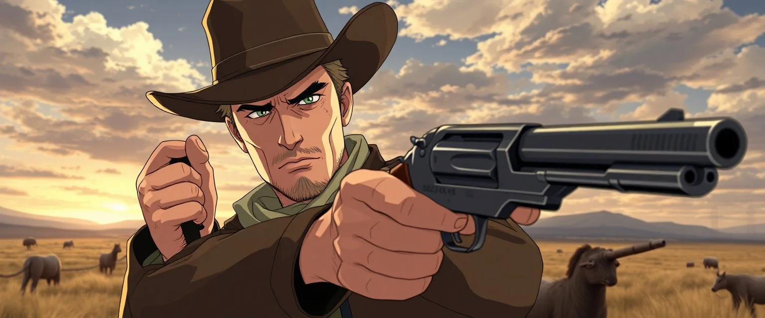 Magnus Carlson in the wild west looking cool with a revolver, anime style