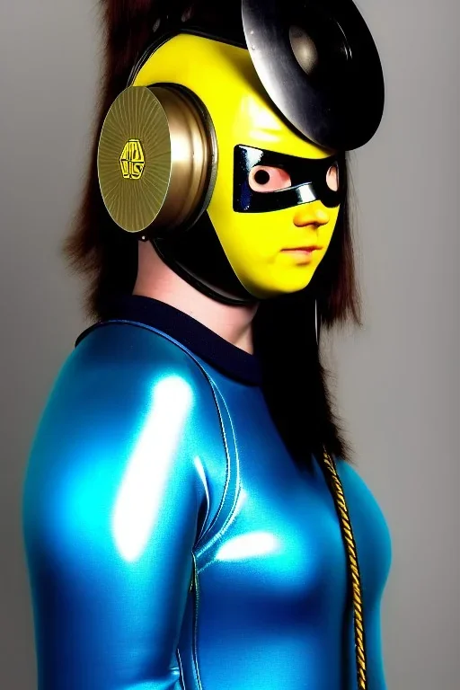 Cyan photograph Cyber-punk woman, steel mask, old AKG-style big headphones, golden rings & disc. Fencing mask. Speakers. Kill Bill, steel sword, Hattori Hanso. Thick tights, thick calves, arched fell, wide hi. Old camera lenses, ancient artifact attached, perfect body. Electronic circuits, device, laser. 5-dimensional Escher tiling background. Daft Punk, Tron Movie. Matrix movie clothes, tippet. Cyan latex. Wicked sneakers. 1990's, old telephone microphone as mouth. Minimalism fashion Futurism