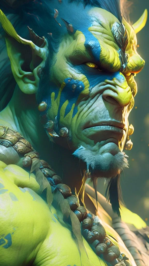 A Na'vi Ogre warrior starring at the viewer, 8k resolution concept art portrait by Greg Rutkowski, Artgerm, WLOP, Alphonse Mucha dynamic lighting hyperdetailed intricately detailed Splash art trending on Artstation Unreal Engine 5 volumetric lighting, by Hajime Isayama