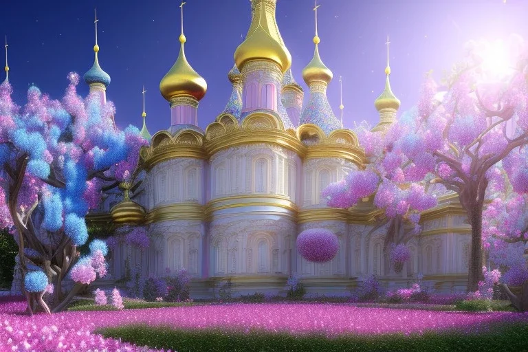 a magical crystal flower magnolias bougainvillier fuksia blue gold house russian palace castle in the woods, magnolias pink,blue lake,sun,white swanns,pink vertical, blue lake,sharp, vines, candlelit, endor, ornate, elegant, highly detailed, artstation, concept art, smooth, sharp focus, illustration, 8k, splash art, wallpaper, key visual