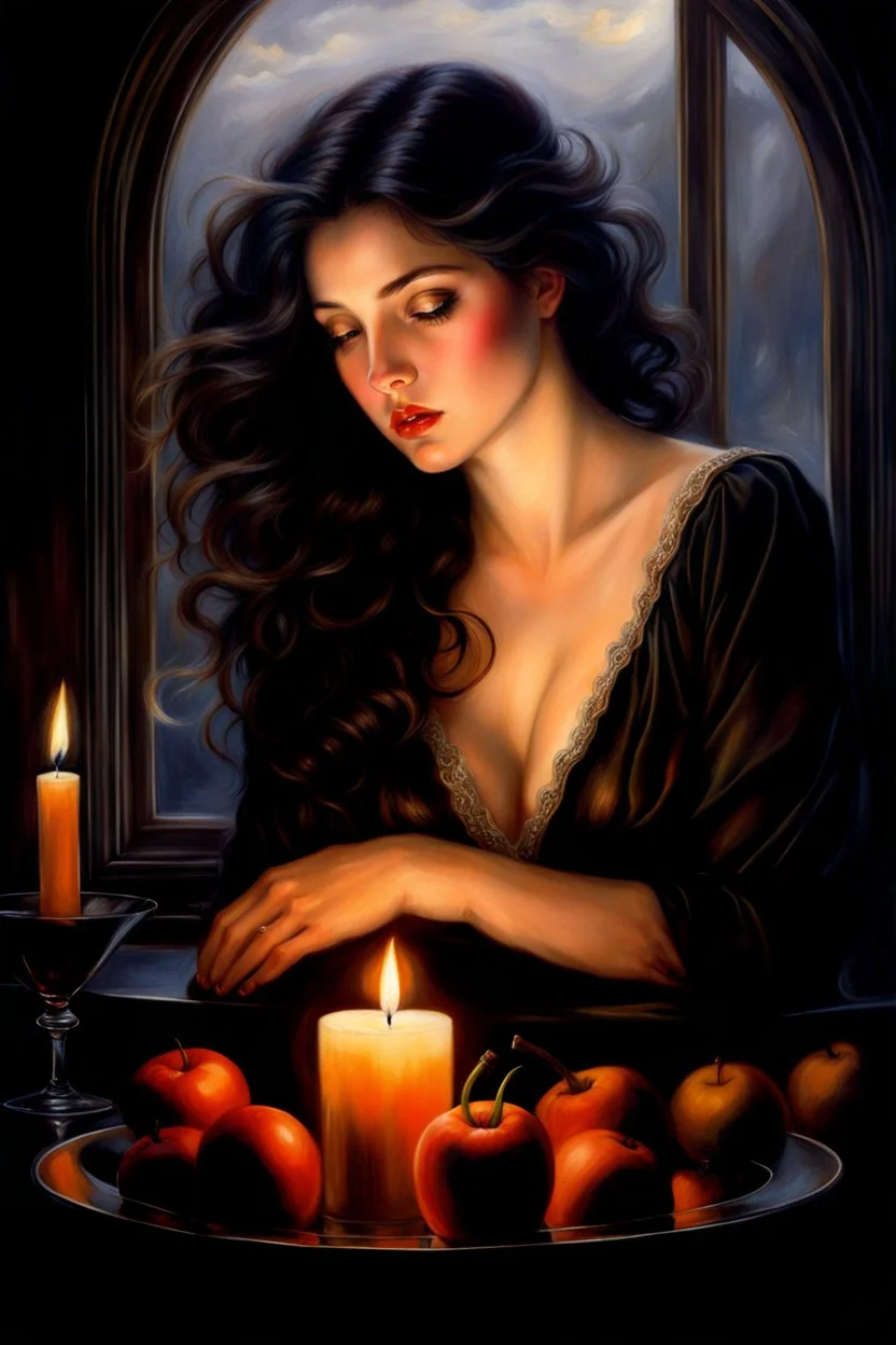 RealvisionxL, Artwork by Albert Lynch, sinking deep into bittersweet melancholia, dark sad eyes, long dark hair, pale skin, night