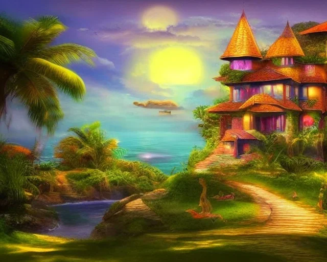 mystical house on a hot tropical island, fantasy art,