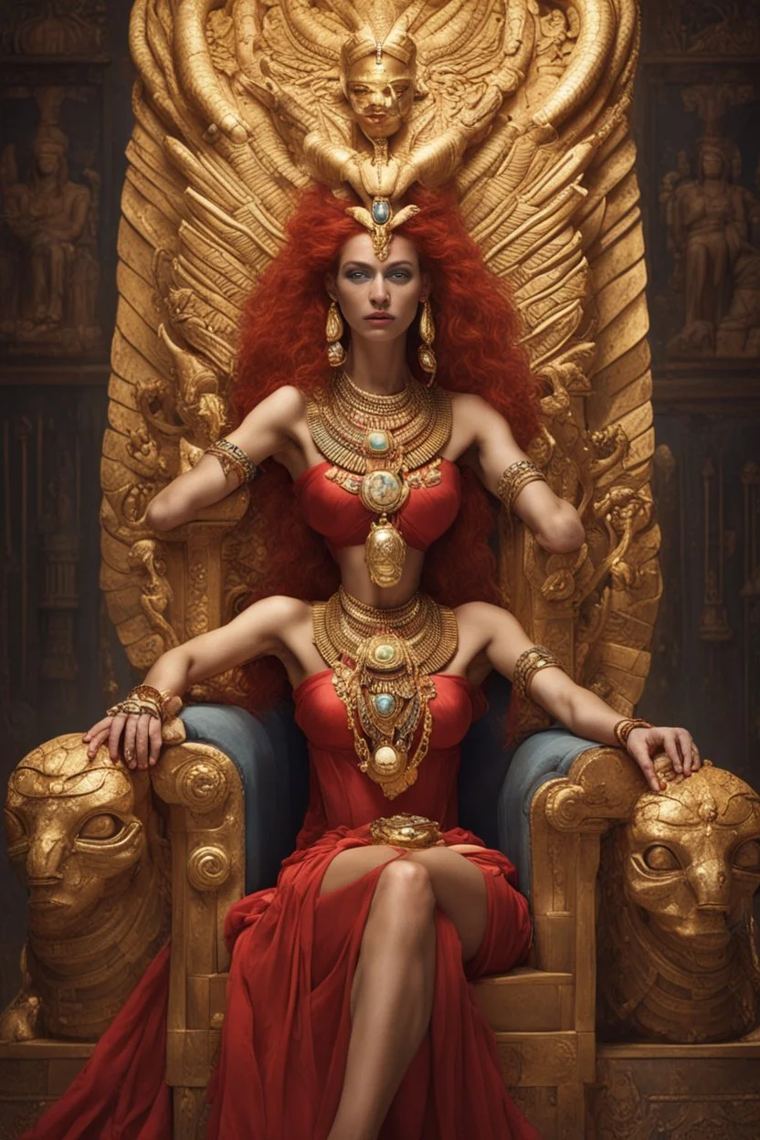 A mature Egyptian goddess with red hair and amber eyes, wearing a red silk gown and a necklace of scarabs. She is sitting on a throne made of gold, carved with the head of a wise and ancient dragon