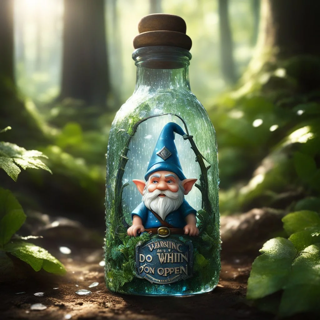 Deep within a dense forest, a small, furious gnome, trapped inside a shattered glass bottle lying on the ground, gleams brilliantly. Bathed in the soft sunlight filtering through the canopy, the bottle sparkles with immaculate detail, revealing every delicate reflection. An old label affixed to the front bears the warning "Do Not Open" in faded but stern lettering. The strikingly realistic scene appears to have been captured in hyperrealistic 8K HDR, where every shadow, every texture, every emot
