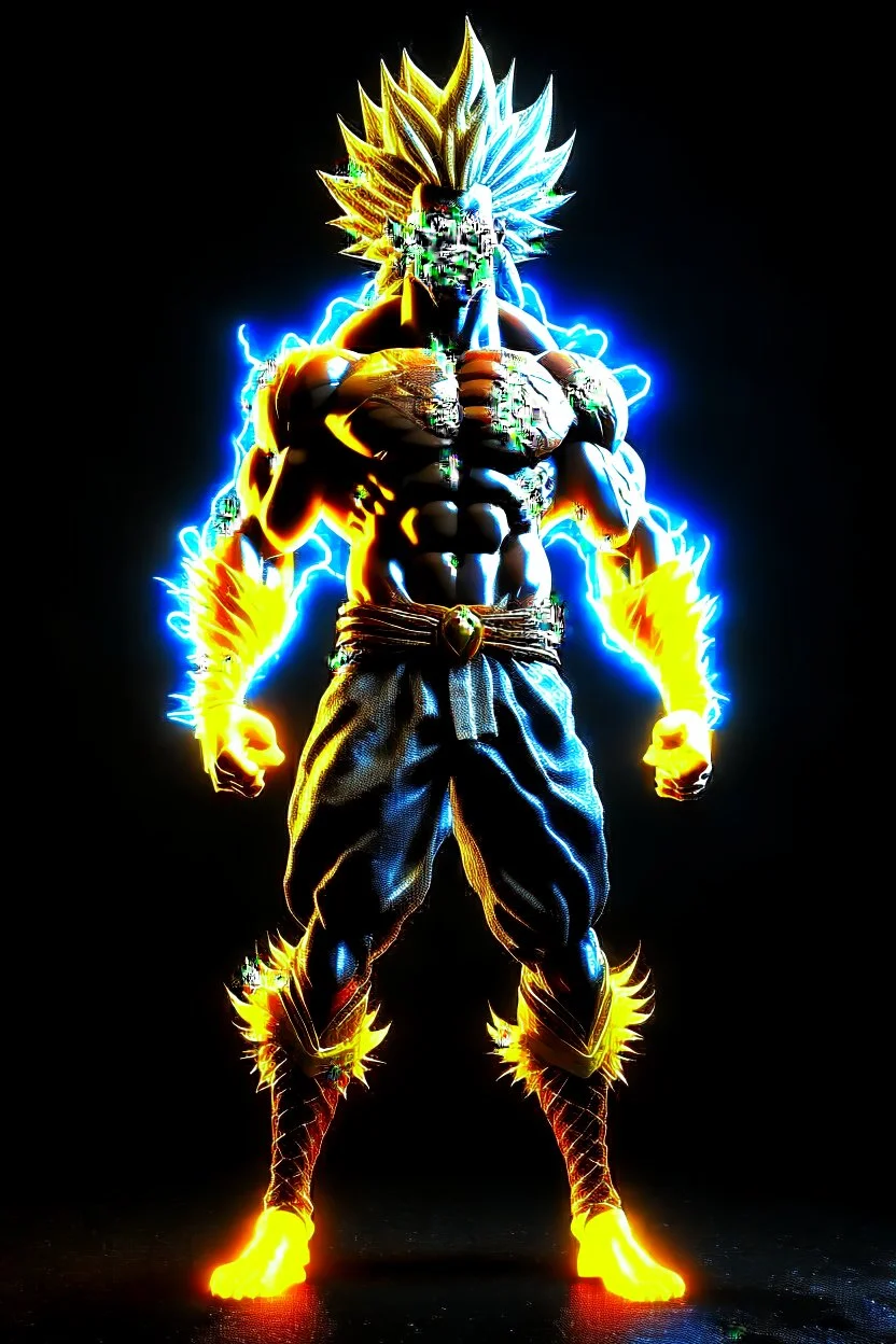 realistic 3d rendering of goku super saiyan fused aquaman, surrounded by lightning, big muscular, full body photography, hyperrealistic