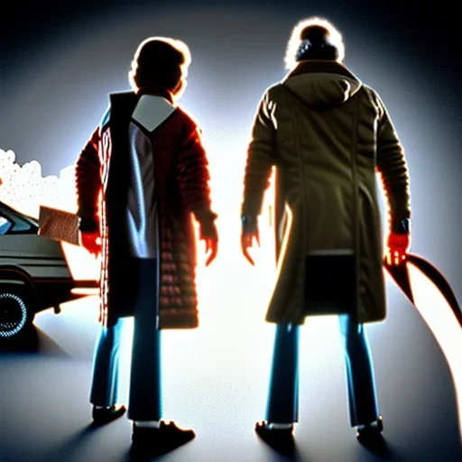 Marty and doctor brown from Back to the Future movie flying through time, ultra realistic, high detail, ray tracing, 8k,concept art, steam punk, future
