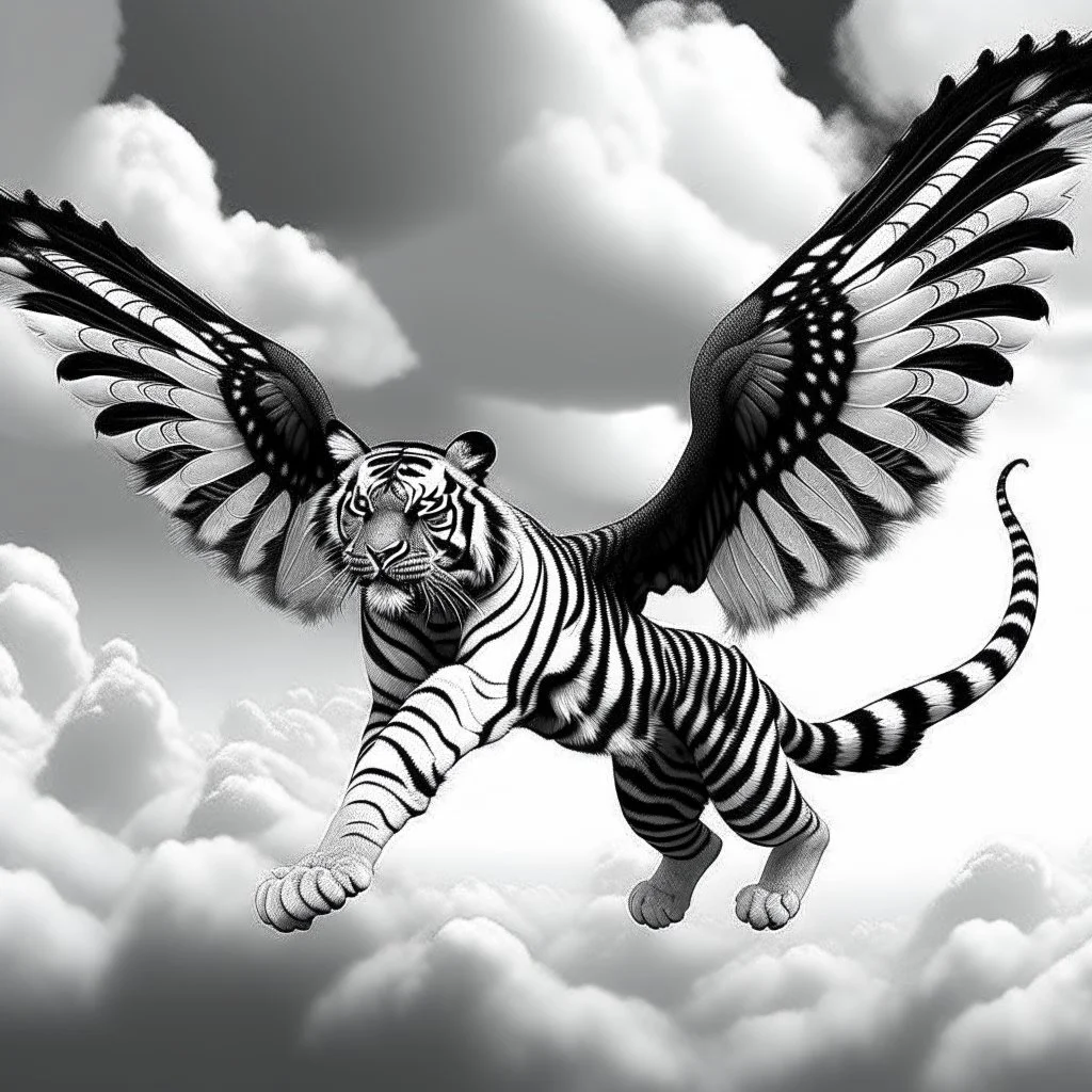 a black and white tiger with wings flying in the sky