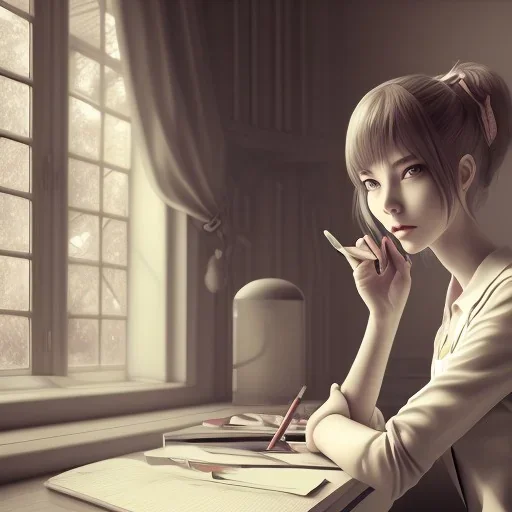 Anime, female student studying under window, studying lesson, perfect face, cool face, ultra detail, unreal engine 5, cinema4d, sun light, studio lighting --ar 1:1 --v 4