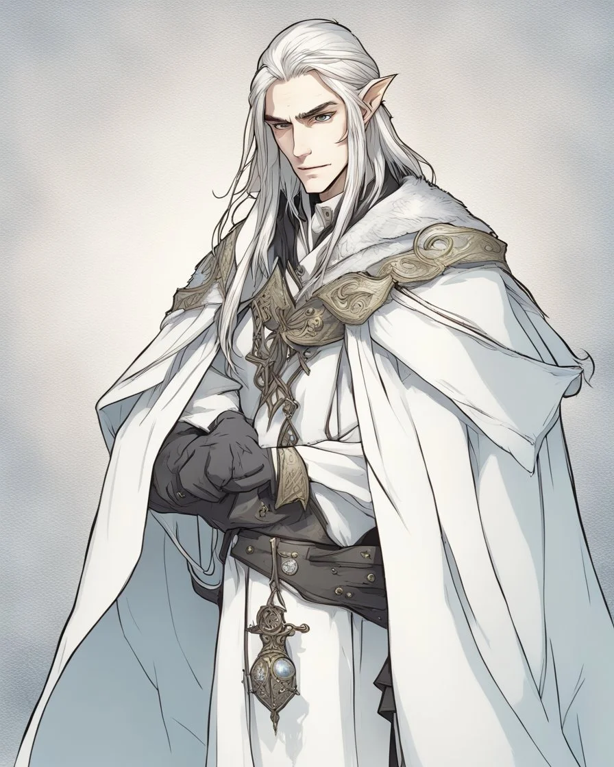 a young High Elf frost Wizard with long wiry hair, wearing a black trimmed white nobleman's robe and frost ornaments on clothes, with a small weasel on his shoulder