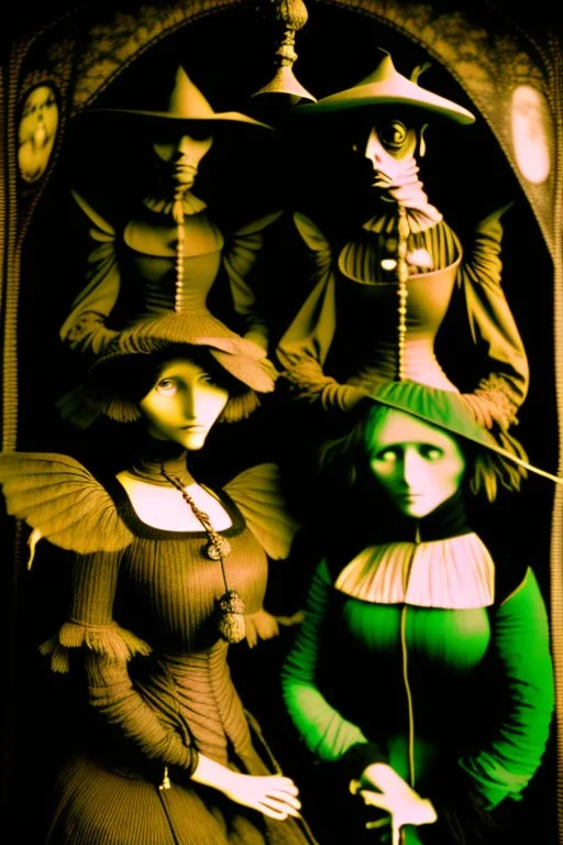 Daguerrotype close up some mysterious figures, odd background, cinematic, Hieronymus Bosch Max Ernst ambient light, by Minicavio Quollati and Marlost Endgulp, Amano, Botticelli, Alphonse Mucha