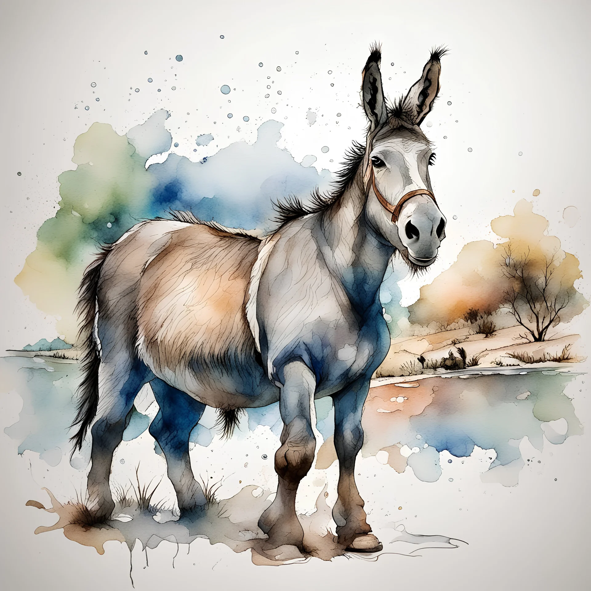Donkey line art, water color