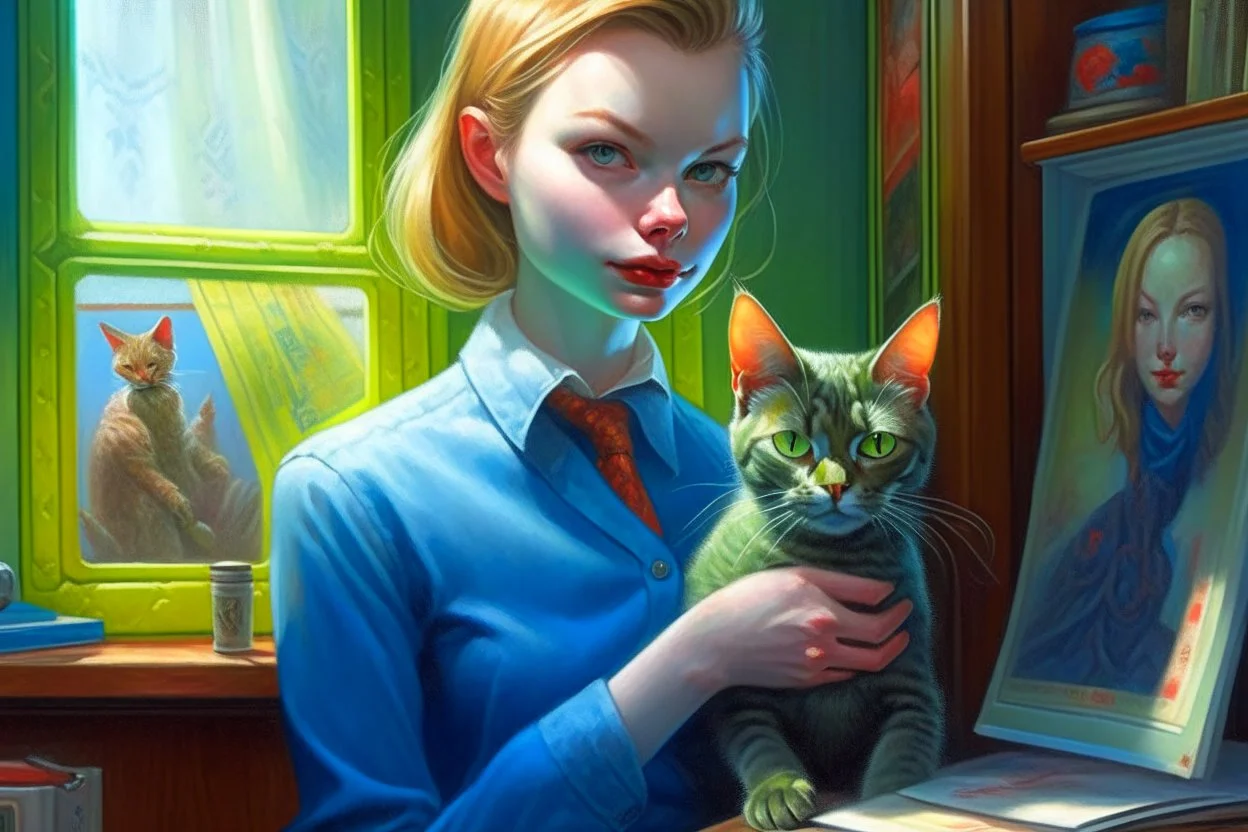 kitten girl secret agent joker in an office in sunshine, very detailed, oil painting