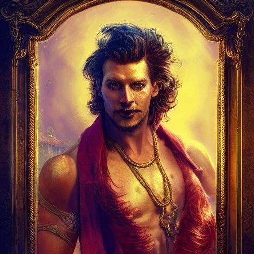 circus, ringleader, portrait, Arthur Kulkov, handsome, Russian, ringleader, muscular, man, strong, detailed matte painting, deep color, fantastical, intricate detail, 8k resolution, concept art portrait by Greg Rutkowski, mystical colors, Golden hour, colorful galaxy foreground, lisa frank fantasy, neon pastel color palette, beautiful colorful interesting detailed storybook fantasy