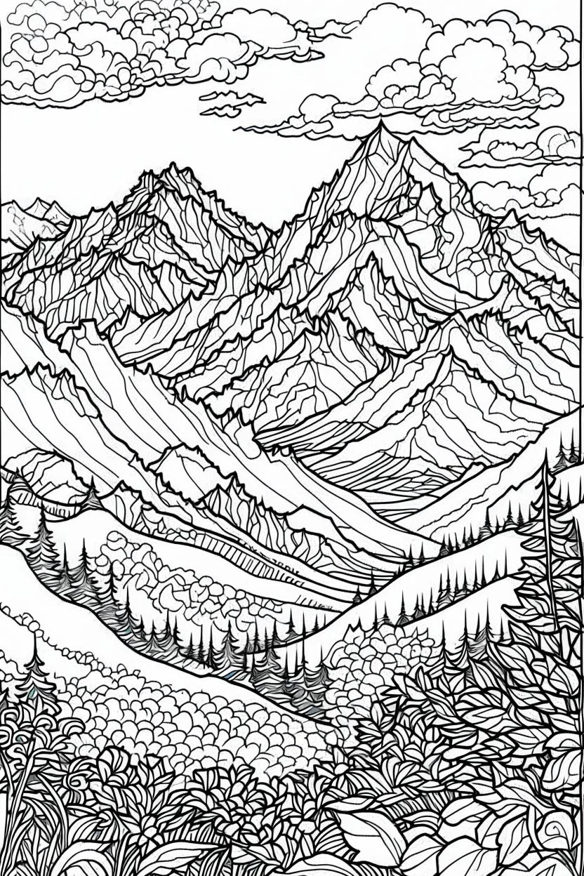 A mountain plateau with sweeping landscapes, untouched nature, and a feeling of freedom, intricate coloring page for adults, contour, vector, clean line art, white background, detailed, black and white, in the style of kalamkari design