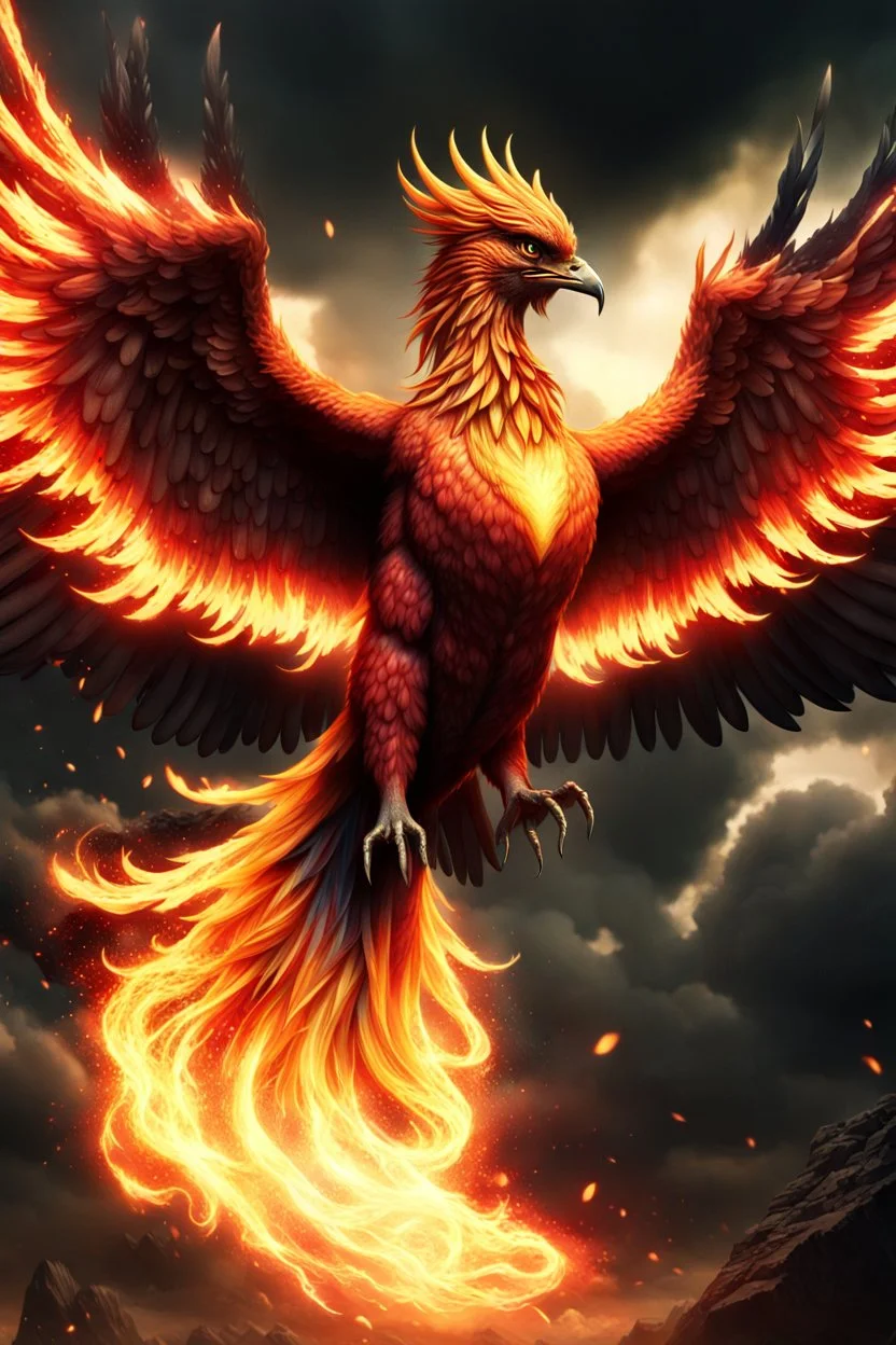 Create a ultra high definition and photorealistic image, 12k quality of a beautiful phoenix, majestic and strength showing, emphasis on texturized claws, upclose with a front view flying towards the camera, centre of an explosive and chaotic background scene of Armageddon where he is followed by demon like dark clouds in persuit trying to grab him, phoenix has striking eyes and determined look, majestic wings folded inwards in flight, bright auburn, black, white, grey and yellow colours, gothic