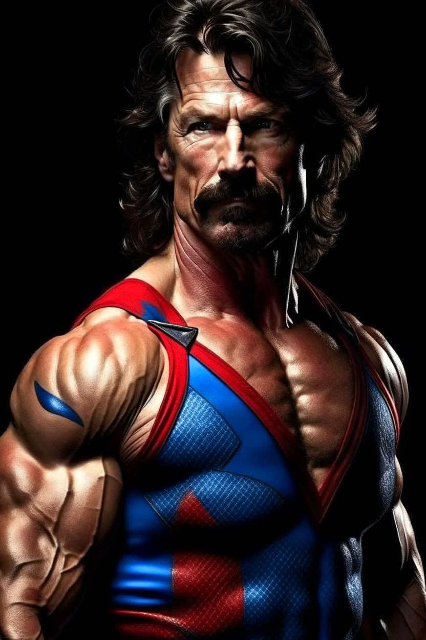 extremely muscular, short, curly, military-style haircut, pitch black hair, with mustache and pointed goatee, Paul Stanley/Elvis Presley/Pierce Brosnan/Jon Bernthal/Sean Bean/Dolph Lundgren/Keanu Reeves/Patrick Swayze/ hybrid, as the extremely muscular Superhero "SUPERSONIC" in an original patriotic red, white and blue, "Supersonic" Super suit with with an America Flag Cape,