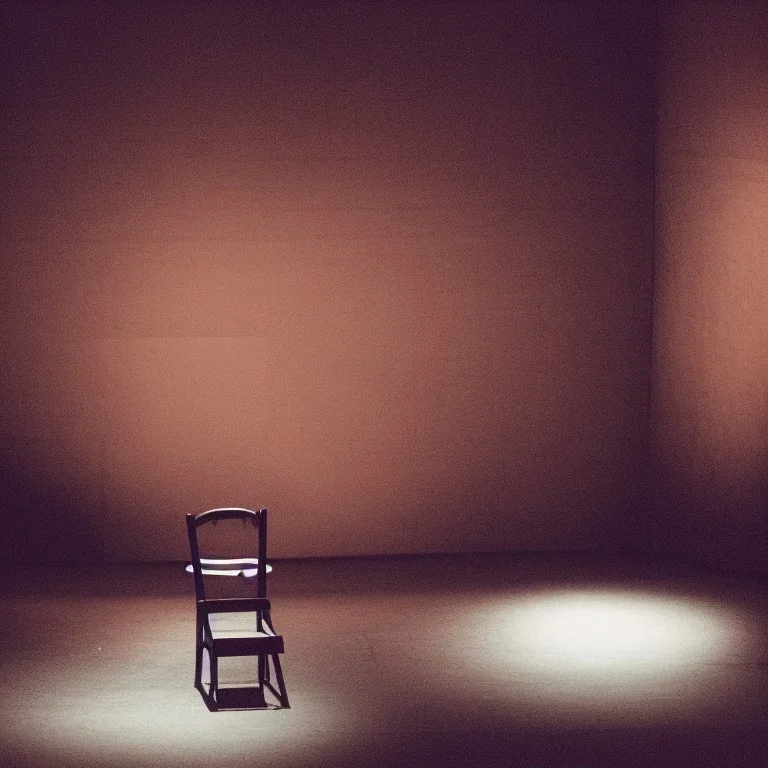 a single chair on stage under spotlight in front of empty hall