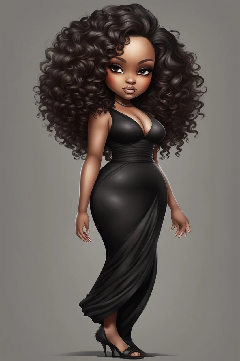 create a digital airbrush image of a chibi curvy black female wearing a black maxi dress and black sandals. Prominent make up with brown eyes. Highly detailed wild tight curly hair.