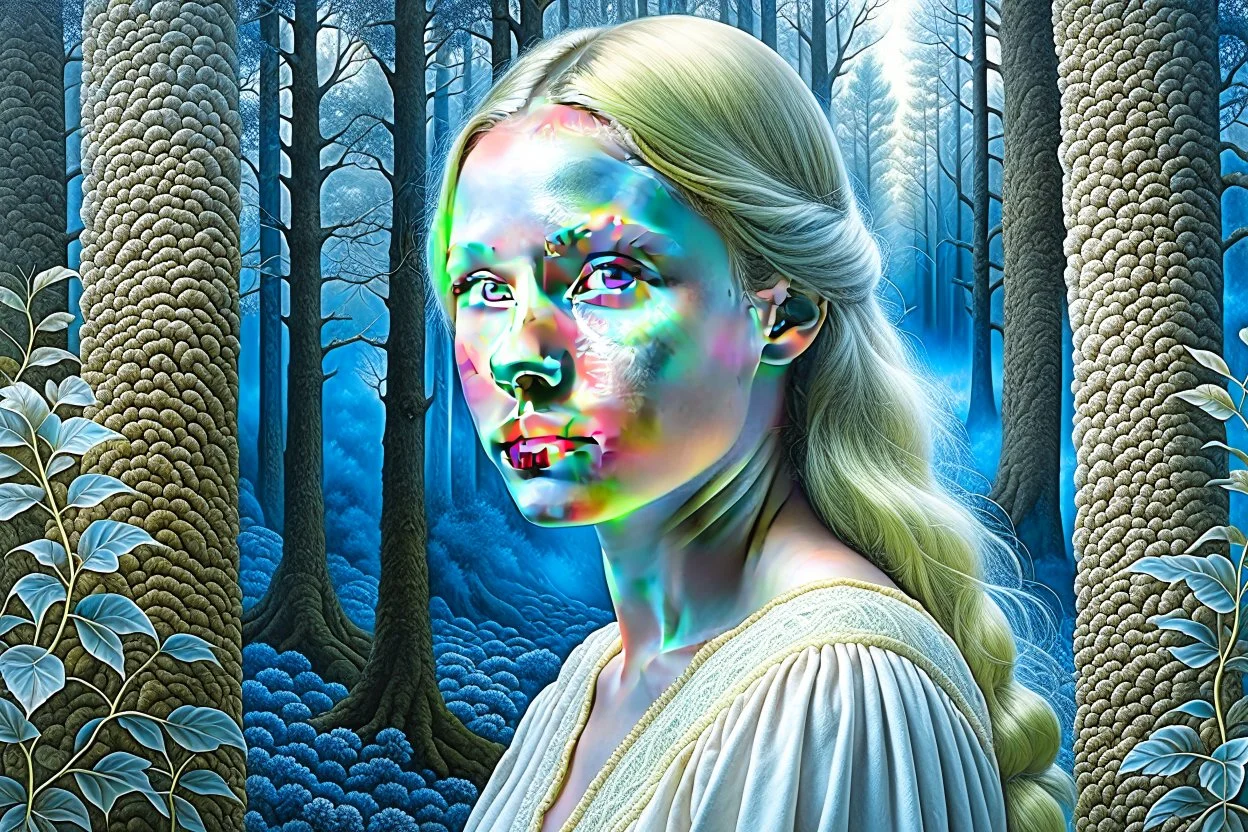 Beautiful blonde girl in a white dress, smooth, highly detailed face, blue eyes, portrait, digital art, aquarelle, watercolor style, background with dark forest, painting, masterpiece, art by john bauer, highly detailed, 8k, high resolution, intricate, jonna jinton