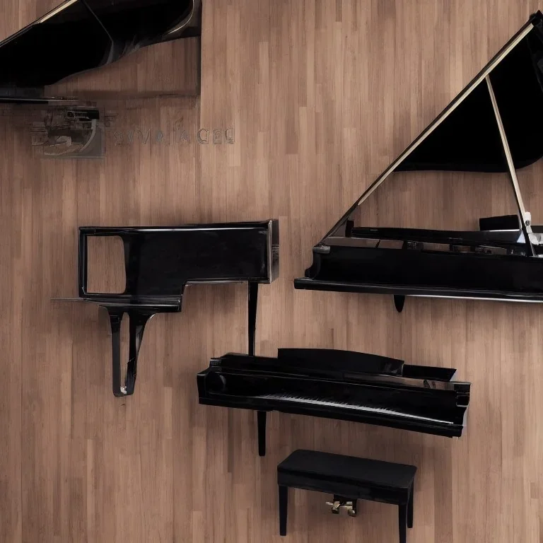 Grand piano on wooden floor, black background