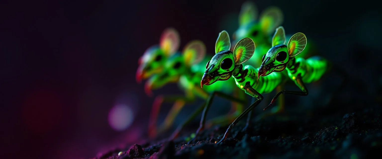 close up on glowing raven ant skeleton rat babies, raised by ninja necromancer in the wild