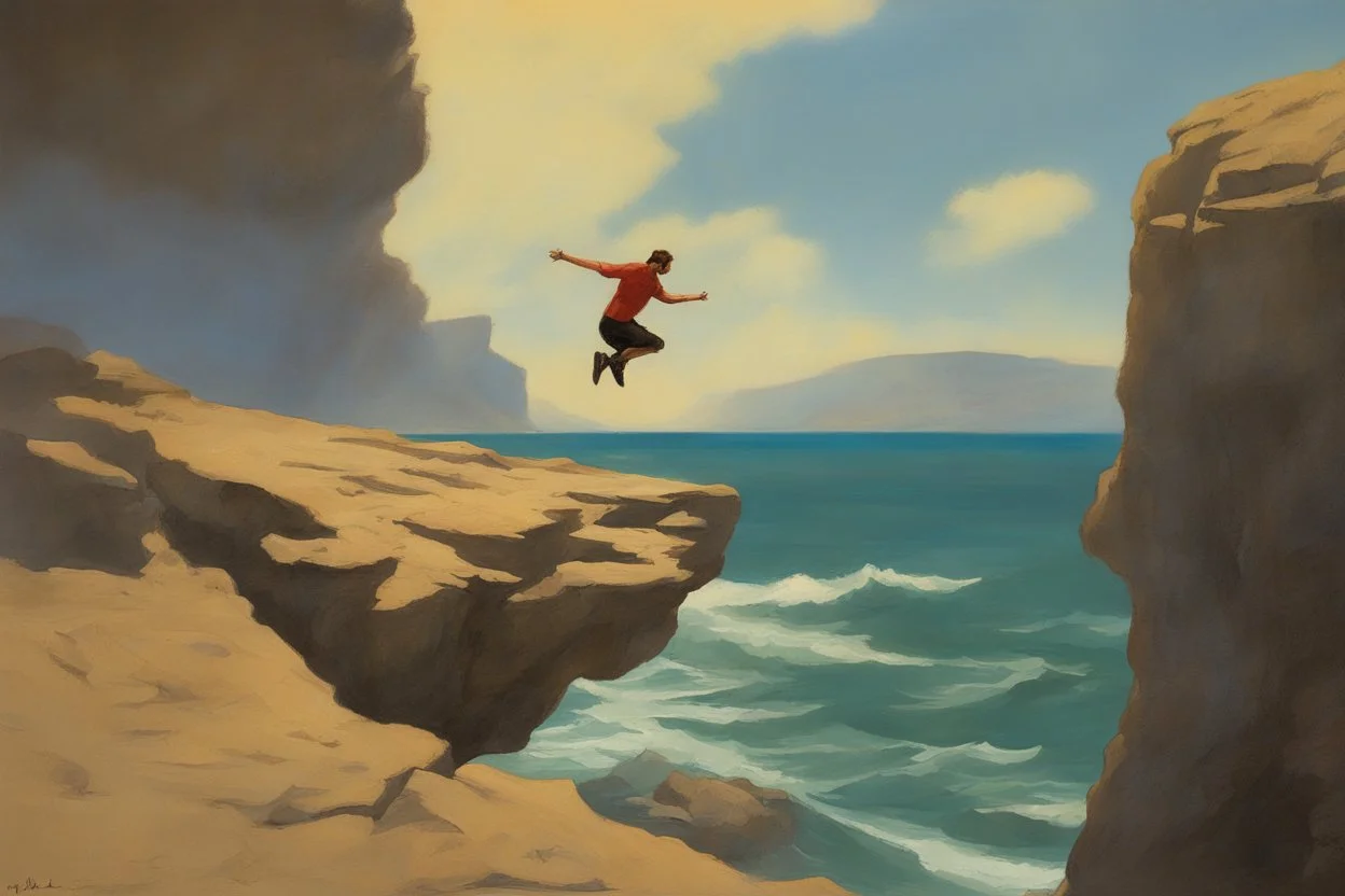 man jumping from the cliff by phil hale