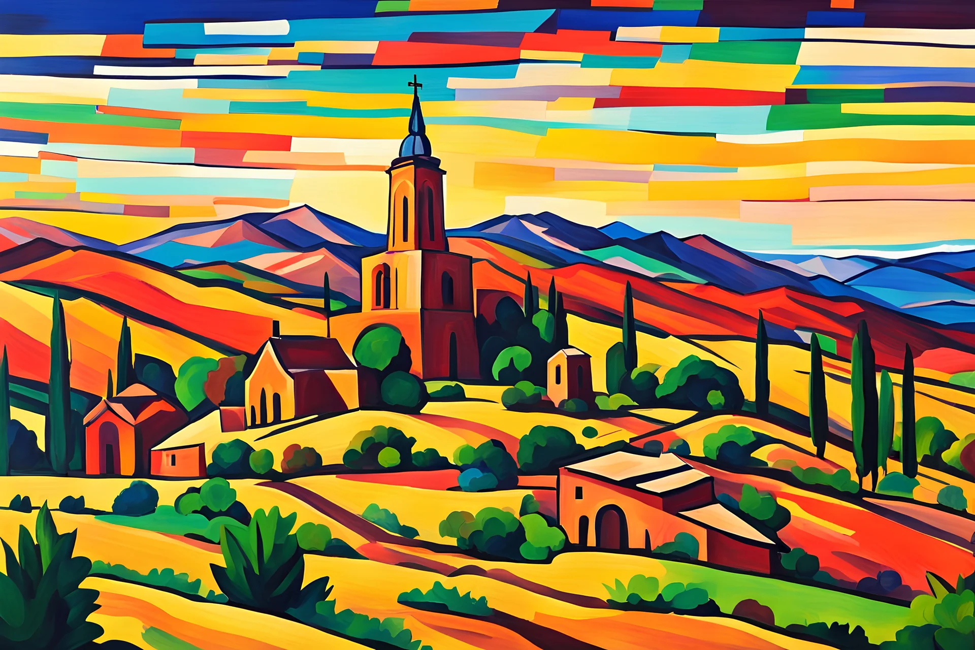 create a panoramic landscape of an ancient southwestern mission church in the fauvist, expressionist art style of Oskar Kokoschka, Andre Derain , and Georges Rouault, highly detailed, 4k,