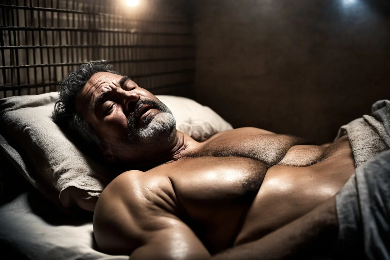 close up photography of a sweat dirty marocan prisoner in cell sleeping lying down on a bed , manly chest, muscular hairy shirtless, muscular strong chubby 56 years old, low lights, ajar mouth, short beard, misery and poverty, dim light enters from a skylight above, lights from above, photorealistic, ambient occlusion, aerial view