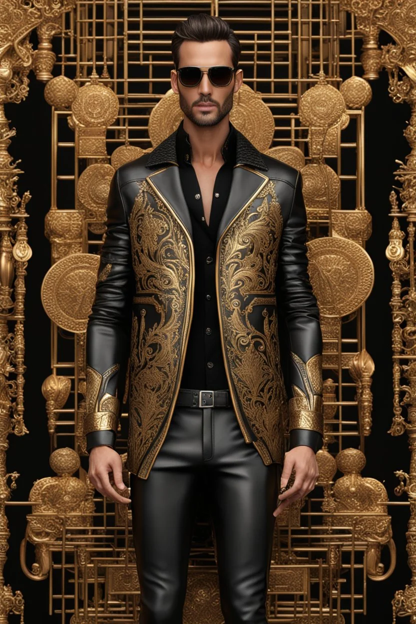 Full body modeling man on fashion show using A high detailed 3d render of a black and gold ornaments long black leather jacket.