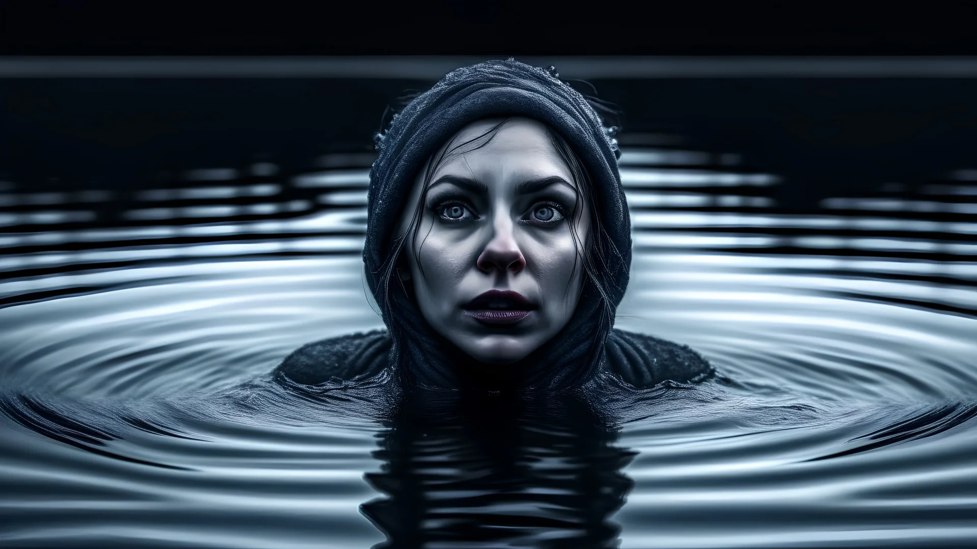 A woman with an evil face, a face of horror, drowned by her husband in the water, winter, frozen lake, darkness.