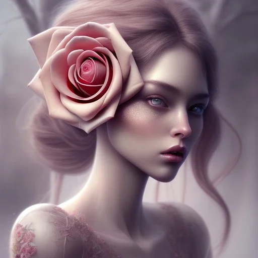 red rose beautiful girl,utra realistic,highly detailed, masterpiece, delicate detailed, sharp focus, insanely detailed, fantasy art, intricate detailed, elegant, fog, Special Lighting, Vibrant, color Scheme, forest, unreal engine, trending on artstation