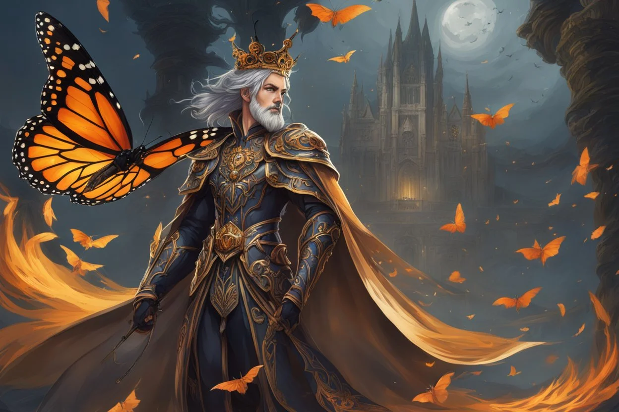 Monarch in anime artstyle, halloween them, close picture, fantasy world, intricate details, highly detailed, high details, detailed portrait, masterpiece,ultra detailed, ultra quality