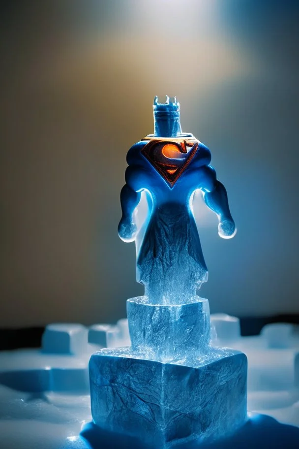 superman chess piece buildt of by yellow stones misty trending, depth of field, backlit, in bright lit ice wall labyrinth