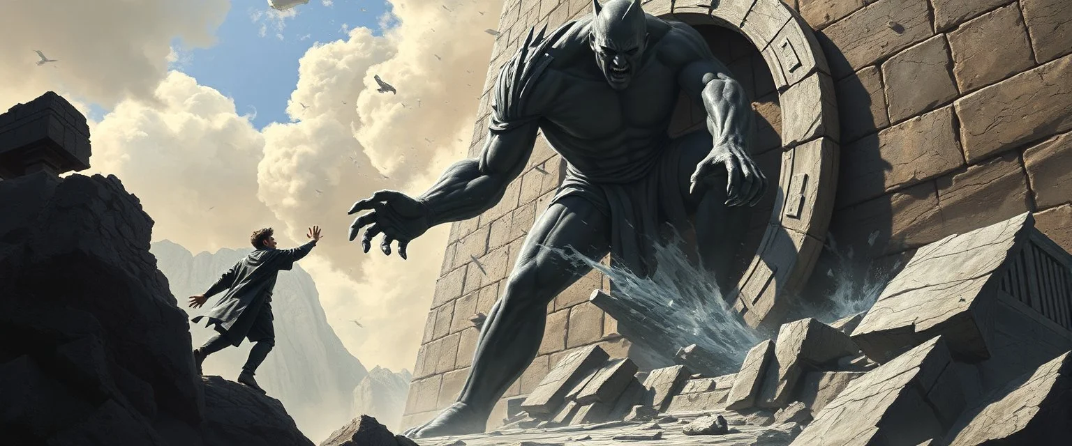 epic fantasy illustration, black giant throwing pushing marble stone sculpture into wall