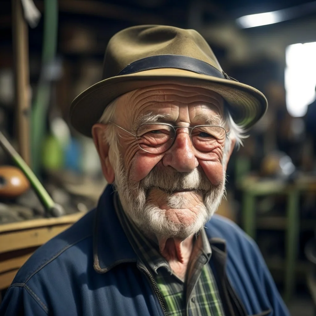 Un retrato de un anciano con un sombrero de pesca y lentes oscuros en un taller mecánico