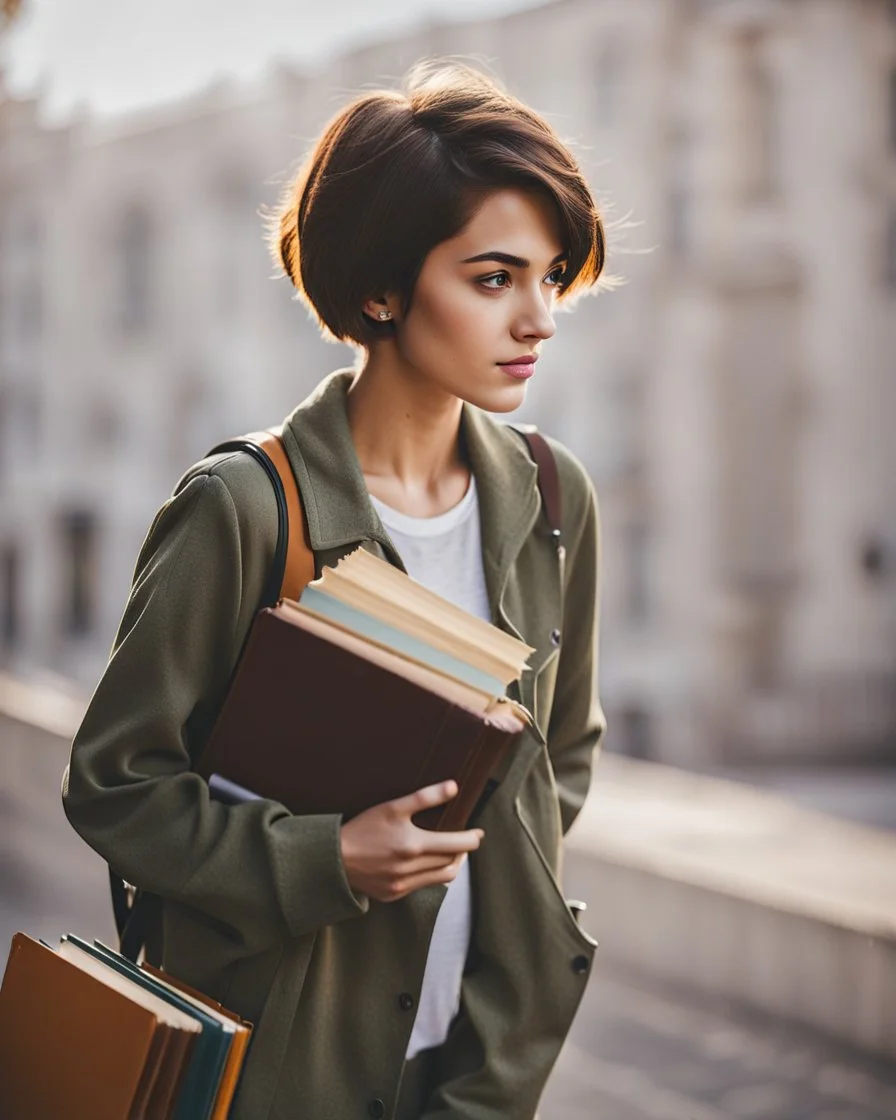 portrait pint of color photo of a student girl 22 years old ,short hair with her books in her hand walking in street,next to trees.close up