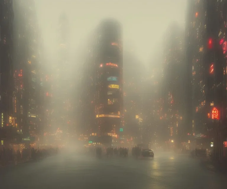 misty foggy area with a spirit in the middle of a bright japanese city at night