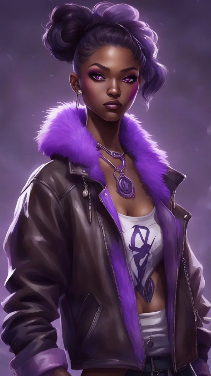 arcane tv show style, league of legends, solo, 1girl, attractive teenager, african, dark skin, dark-brown eyes, black hair, pair buns, (violet strand in forehead bang), necklace, earrings, modern makeup, (detailed skin texture), old leather jacket with violet fur collar, oversized torn t-shirt with half-erased unknown music group logo, You can see through the wide holes in the t-shirt her acid-green sport top, dark background, bokeh, cinematic atmosphere