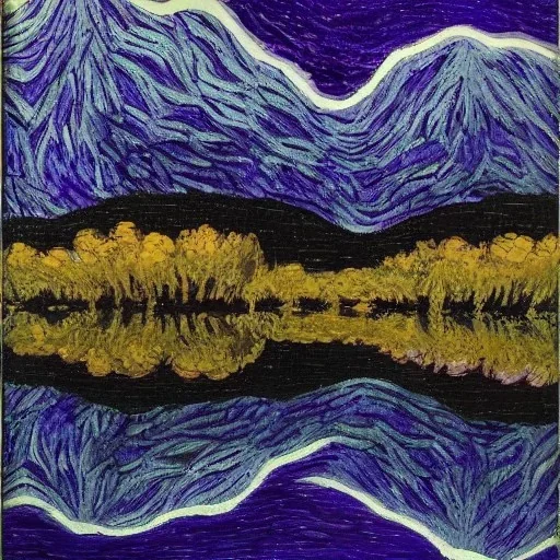 Night raining black and white with purple reflections lake acrylic abstract van gogh