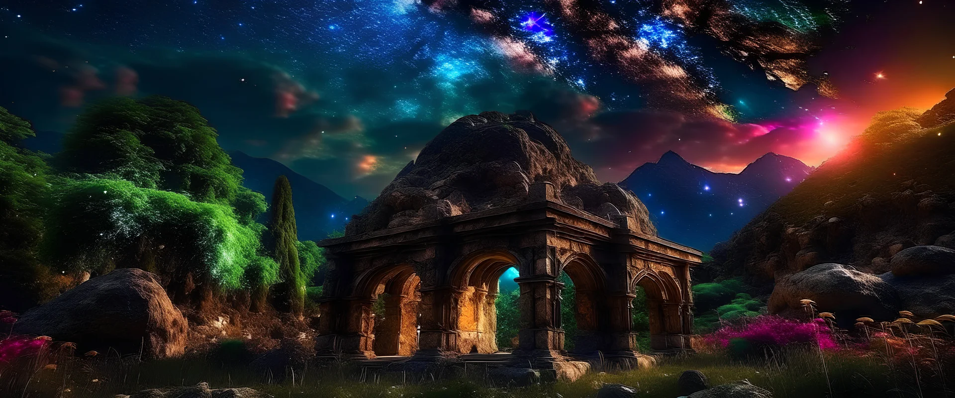 my dreams . In the garden my mind bows . meditation .The ruins of a village in the midst in the jungle , mountains. space color is dark , where you can see the fire and smell the smoke, galaxy, space, ethereal space, cosmos, panorama. Palace , Background: An otherworldly planet, bathed in the cold glow of distant stars. Northern Lights dancing above the clouds in Finland.