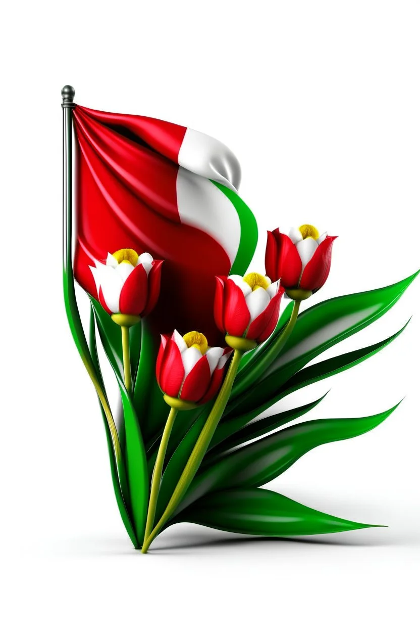 The flag of the Islamic Republic of Iran with red tulips