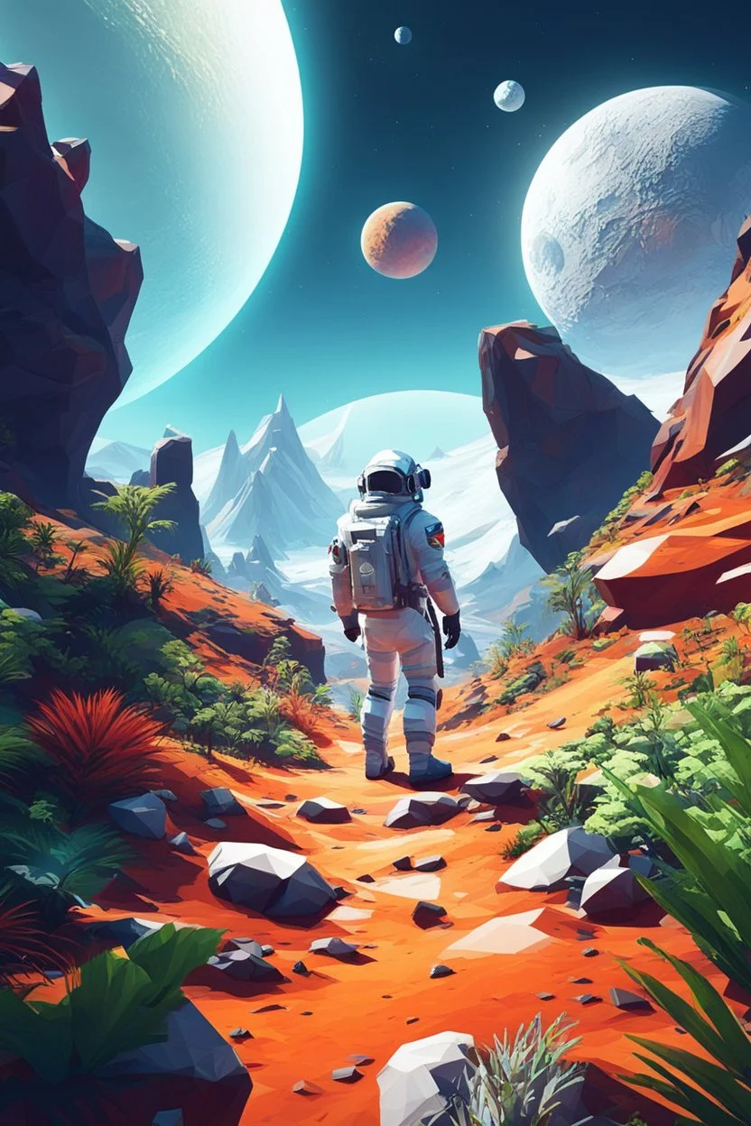 (((close midshot))), (((low poly art:2))), (astronaut), ultra-detailed illustration of an environment on a dangerous:1.2 exotic planet with plants and wild (animals:1.5), (vast open world), astroneer inspired, highest quality, no lines, no outlines candid photography. by Lekrot