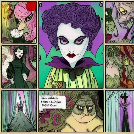 extrem tim burton style and disney style of an old and extrem malicious stepmother, sharp focus, sneaky eyes, old face