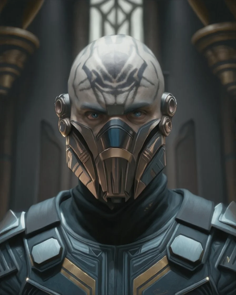 star wars heavily scarred head bald male corellian jedi wearing gunmetal grey and black old republic armored flightsuit and breath mask with gold and metallic red trim inside the jedi temple, centered head and shoulders portrait, hyperdetailed, dynamic lighting, hyperdetailed background, 8k resolution, volumetric lighting, light skin, fully symmetric details